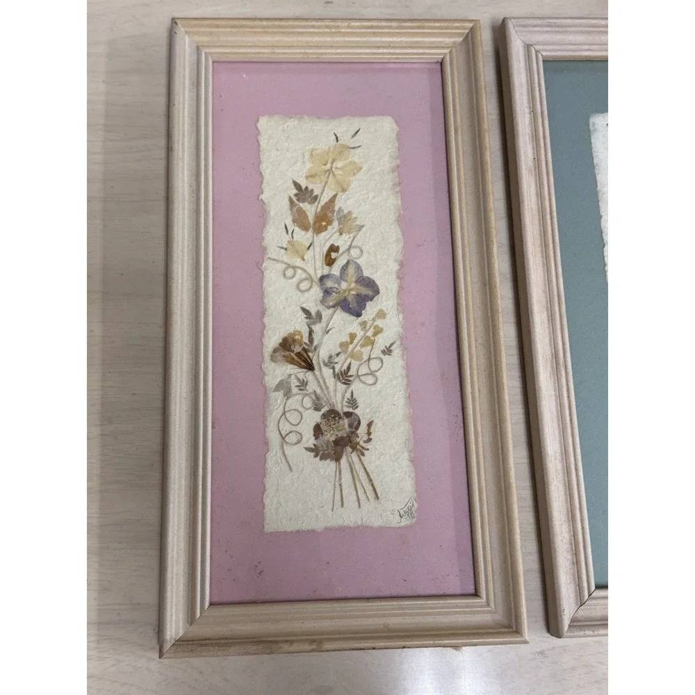 Vintage 'Wildflower' Pressed‎ Floral Botanical Panels Pink and Blue Background